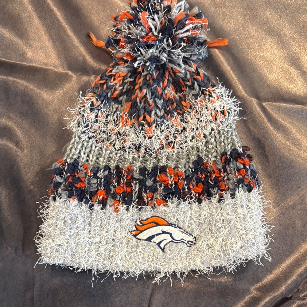 Pom-Pom Beanie - Gray, Orange, and White